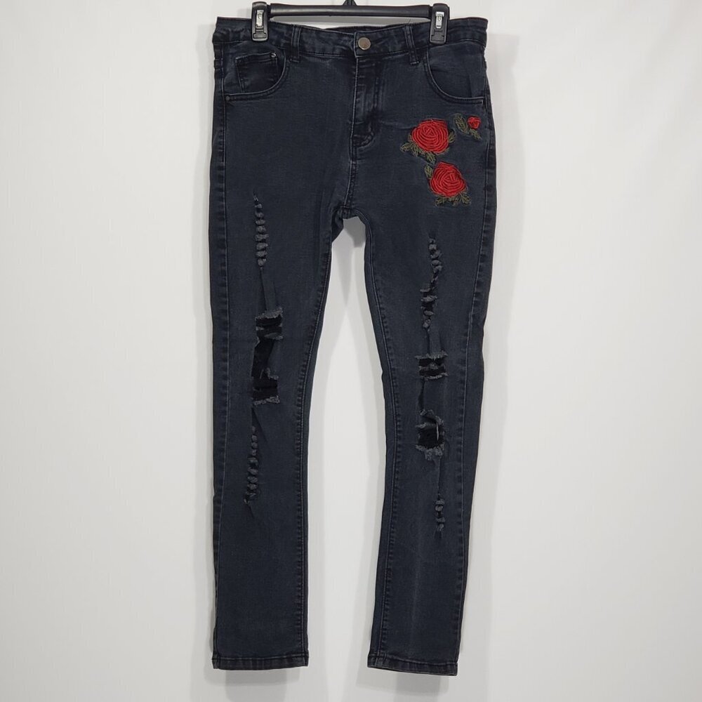 Black Distressed Skinny Jeans  Rose Embroidery  with Stretch  Women's 34" waist